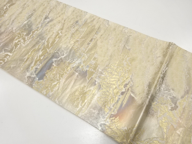 JAPANESE KIMONO / ANTIQUE FUKURO OBI / SILK / WOVEN SCENERY IN KYOTO